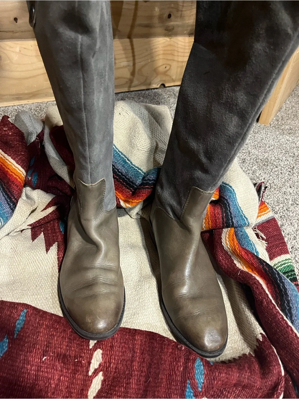 Sam Edelman Pembrooke Gray and Brown Two-Tone Suede & Leather Riding Boots
